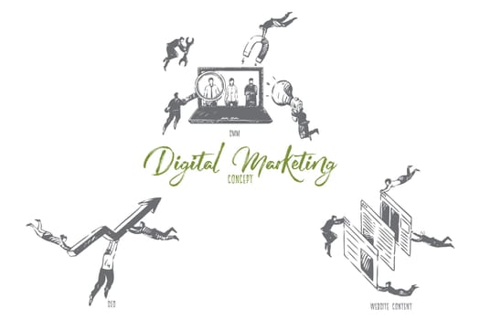 Digital marketing, SMM, SEO, website content concept sketch. Online advertisement business, networking, flying businesswoman and businessman, electronic commerce banner. Isolated vector illustration