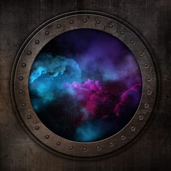 3D render of a porthole looking out to a space sky