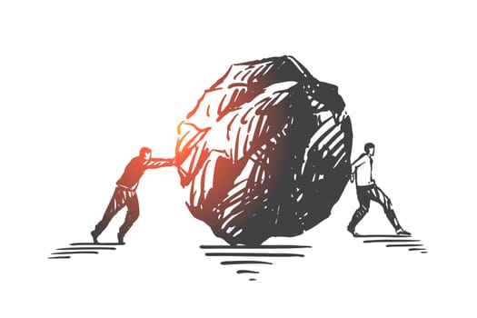 Bad teamwork, misunderstanding concept sketch. inefficient coworking, ineffective partnership creative metaphor, business people, businessmen pushing big rock. Hand drawn isolated vector