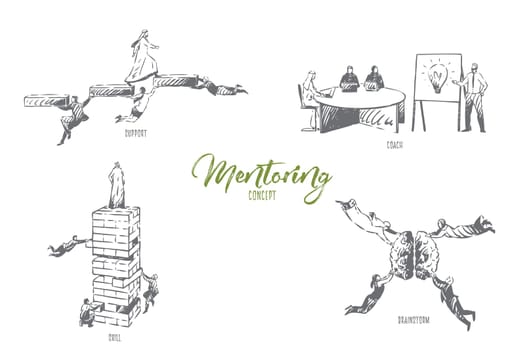 Mentoring, support, coach, skill, brainstorm concept sketch. Economic literacy education, flying arab businessman and businesswoman teamwork, leadership courses banner. Isolated vector illustration