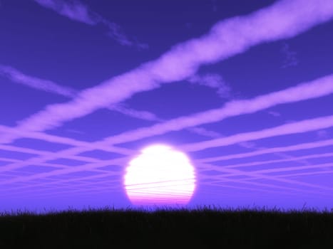 3D render of a purple sunset landscape with cloud trails in the sky