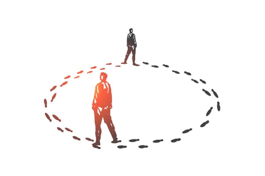 Vicious circle, routine concept sketch. Inefficient problem solution, monotonous work creative metaphor, nervous business people, businessmen walking in circles. Hand drawn isolated vector