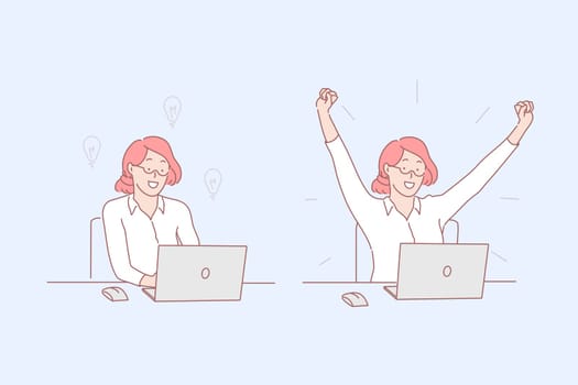 Brainstorming and success, task performance, problem solution, productive work concept. Female office worker with laptop, successful project, goal achievement, business decision. Simple flat vector
