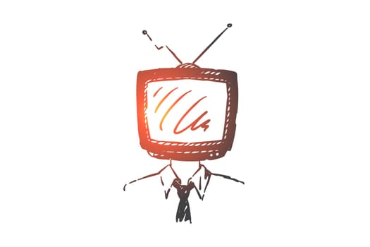 Mass media addiction concept sketch. Information propaganda, social manipulation, mind control, brainwashing surreal metaphor, businessman with TV set on head. Hand drawn isolated vector