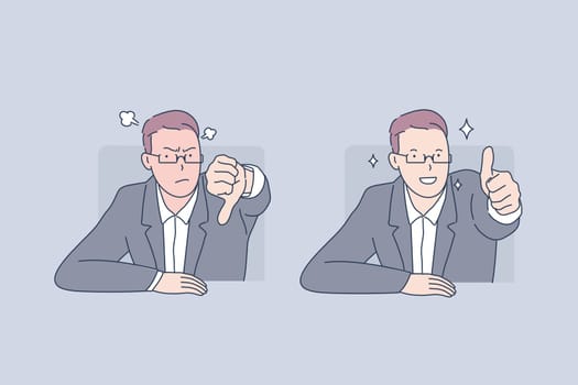 Positive and negative emotion, failure and success, bad and good mood concept. Male office worker keeping thumb down and up, anger and joy, problem and solution. Simple flat vector