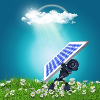 3D render of a robot holding a solar panel on a grassy landscape