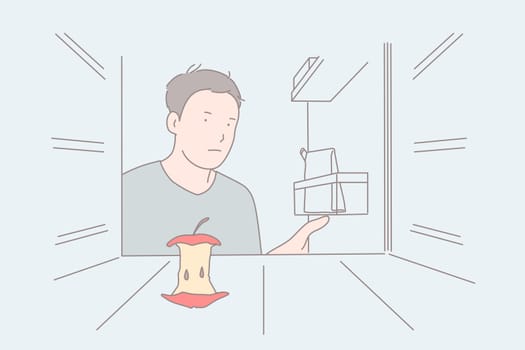 Strict diet, empty fridge, hunger feeling concept. Frustrated young man opening refrigerator door, apple core on coldstore shelf, depressed mood, negative emotion. Simple flat vector