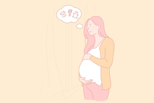 Pregnancy, childbearing, female body condition, expecting baby concept. Young pregnant woman thinking about childish toys, dreaming gravid girl and speech bubble, babycare. Simple flat vector