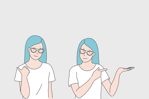 Left and right direction, opposite sides, comparing concept. Young woman showing directions with hands, gesticulating girl, way pointing, route suggestion, option offer. Simple flat vector