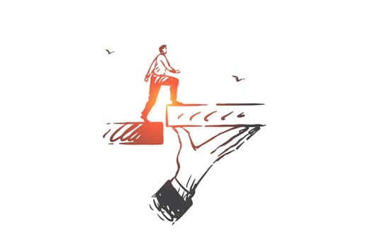 Business support, help concept sketch. Career ladder, job promotion, creating opportunity, success achievement, mentoring metaphor, ambitious businessman walk stairs. Hand drawn isolated vector
