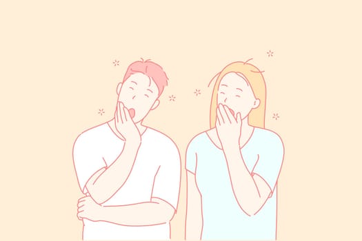 Sleepy people, tired friends, yawning couple concept. Husband and wife gaping, covering mouths with palms. Brother and sister oscitating. Boredom and exhaustion gesture. Simple flat vector