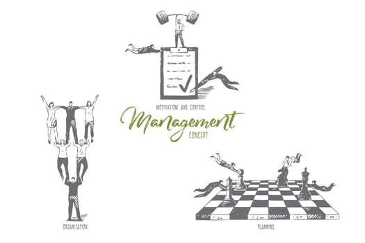 Management, motivation and control, organization, planning concept sketch. Business development, flying businesswoman and businessman partnership, team building banner. Isolated vector illustration