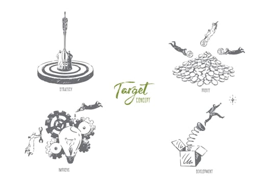Target, strategy, profit, improve, development concept sketch. International business partnership, flying businesswoman and arab businessman, entrepreneurship banner. Isolated vector illustration