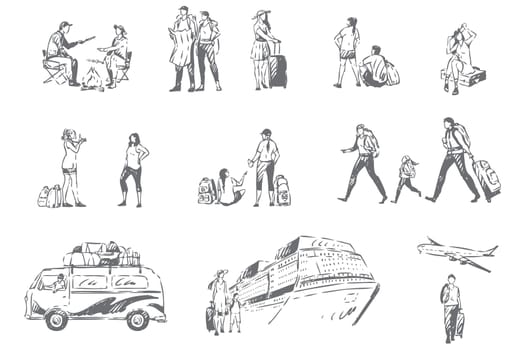 Summer tourism, vacation season concept sketch. Young tourists with luggage, friends and families recreation, cruise ship, road trip, outdoor camping, travels set. Isolated vector illustration