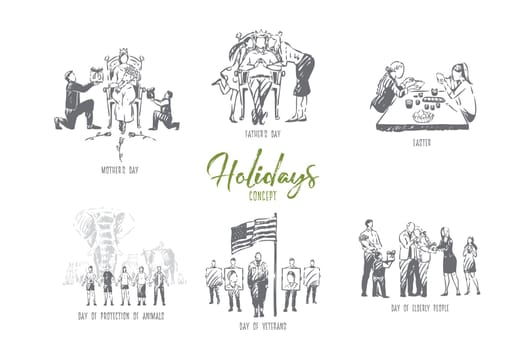 Holidays, easter, mother, father, animal protection, veterans and elderly people days concept sketch. Important annual events celebration, national and worldwide fest set. Isolated vector illustration