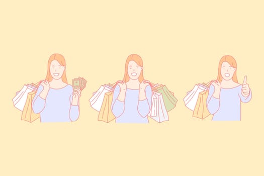 Shopping time, making purchases, buying presents concept. Happy woman spending money in boutique. Female shopaholic with numerous shopping bags. Fashionista enjoying new purchases. Simple flat vector