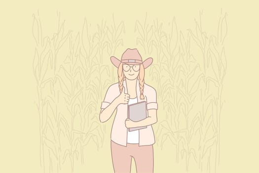 Rural life, environment protection, eco friendly lifestyle concept. Young girl wearing cowboy hat, female teenager in corn field, nature defender, farmer keeping thumb up. Simple flat vector