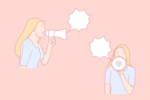 Important message, using loudspeaker, making announcement. Young woman, PR manager sharing promotional information. Female activist, volunteer speaking with megaphone. Simple flat vector