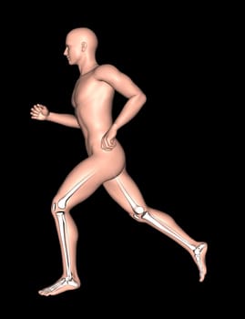 3D render of a running male with leg and feet bones highlighted