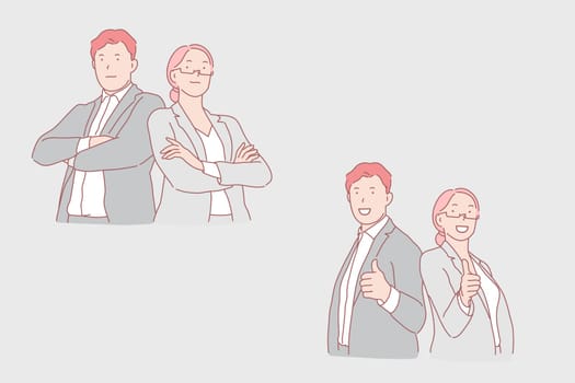 Business cooperation, partnership, harmonious work concept. Smiling businessman and businesswoman, business partners keeping thumbs up, company staff collaboration. Simple flat vector