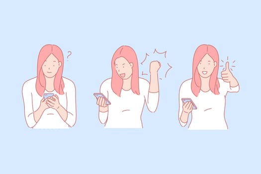 Good news, gladness, positive emotion concept. Young woman with smartphone, smiling girl keeping thumb up, success gestures, emotional outburst, joyfulness sign. Simple flat vector