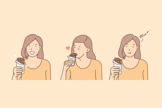 Eating chocolate, happiness hormone, endorphin production concept. Young woman with yummy, happy girl biting chocolate bar, taste enjoyment, positive emotion, joyfulness. Simple flat vector