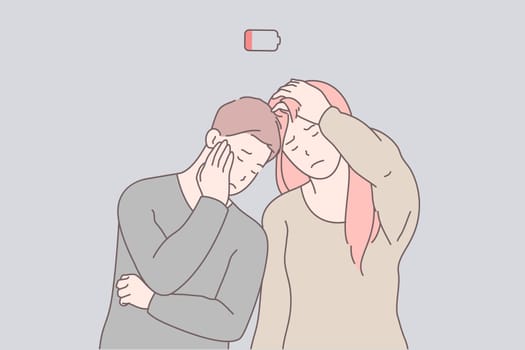 Tired people, exhausted workers, professional burnout concept. Man and woman resting, suffering from exhaustion and fatigue. Low battery, running out of energy metaphor. Simple flat vector