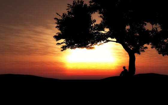3D render of a silhouette of a boy sitting under a tree at sunset