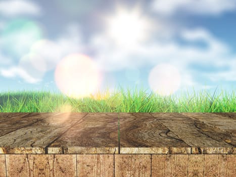 3D render of a rustic wooden table looking out to a grassy landscape