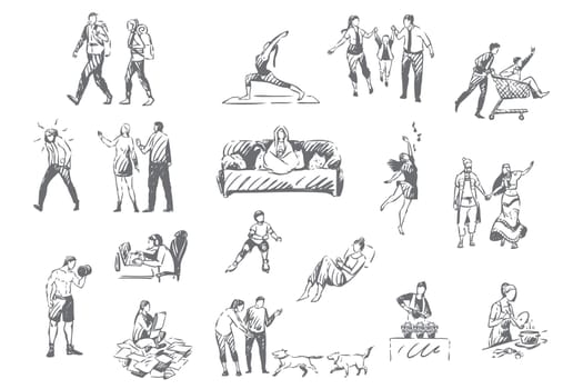 People lifestyle, personal leisure concept sketch. Introvert and extrovert pastime, hiking, fitness and yoga, computer gaming, plant nursing, various activities set. Isolated vector illustration