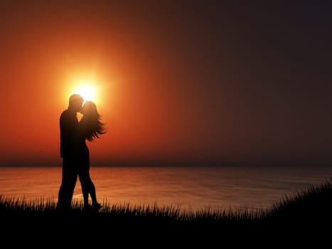 3D render of a silhouette of a couple kissing against a sunset ocean landscape