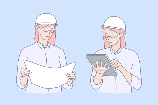 Architect, designer, engineer concept. Female worker, contractor in safety helmet studying building project. Businesswoman, manager with touchpad on construction site. Simple flat vector
