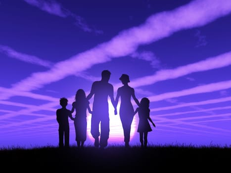 3D render of a silhouette of a family walking against a sunset sky