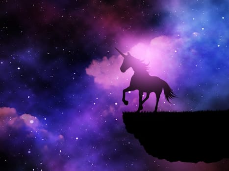 3D render of a silhouette of a fantasy unicorn against a space night sky