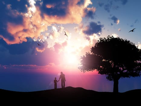 3D render of a silhouette of a father and son walking against a sunset ocean landscape