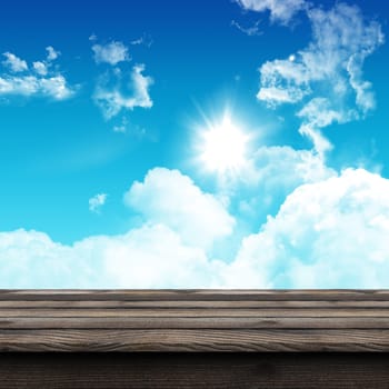 3D render of a rustic wooden table looking out to a blue sunny sky