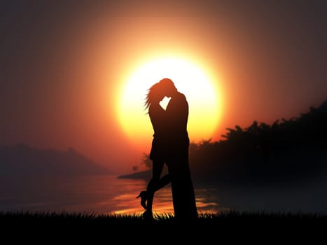 3D render of a silhouette of a loving couple against a tropical sunset landscape