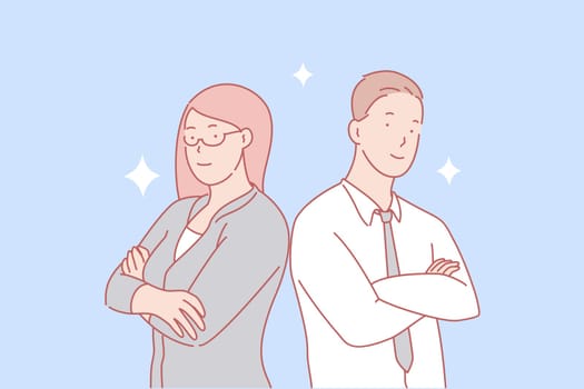 Teamwork, partnership, gender equality concept. Male and female coworkers. Professional top managers team. Colleagues partnership and cooperation. Equal career opportunities. Simple flat vector