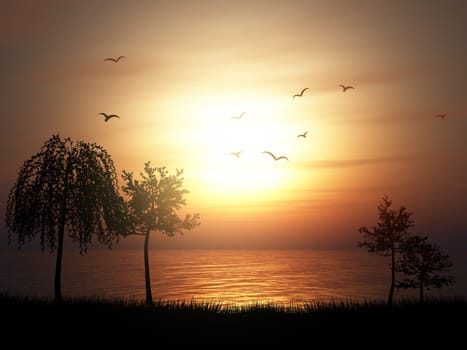 3D render of a silhouette of a tree landscape against a sunset ocean landscape