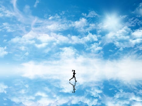 3D render of a silhouette of a female jogging against a sky which is reflected in ground