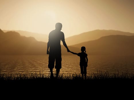 3D render of a silhouette of father and daughter against a sunset ocean landscape