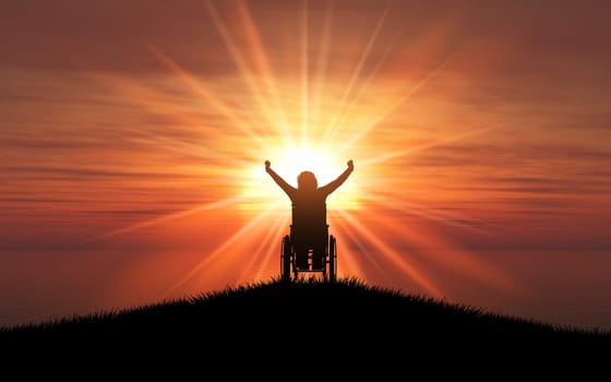 3D render of a silhouette of a female in a wheelchair with her arms raised against a sunset ocean