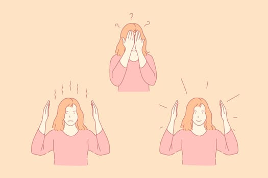 Gesticulation, game, different emotions concept. Opposite feelings, surprise, question, riddle, young woman covering face with palms, contrary facial expressions. Simple flat vector