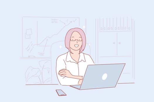 Business development, office work, analytics department, successful work concept. Female analyst with laptop, businesswoman at workplace, company promotion strategy. Simple flat vector