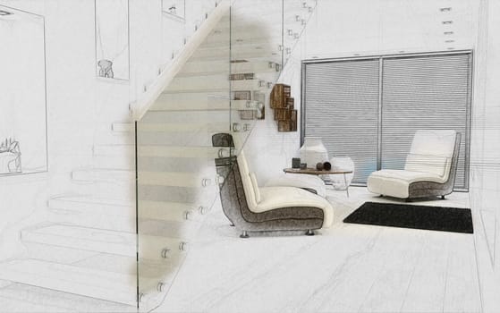 3D render of a sketch of a modern room interior