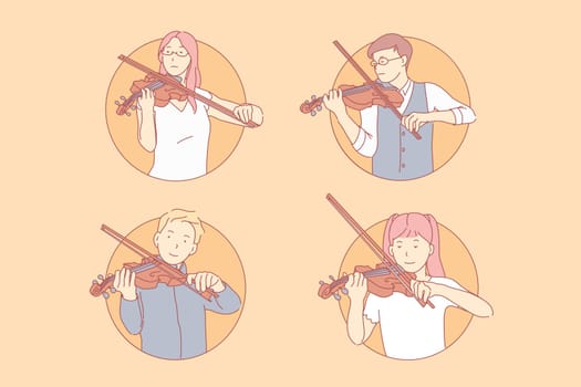 Musical performance, classical concert concept. Virtuosos, talented kids, young violinists, children with fiddles, male and female teenagers with violins and fiddlesticks. Simple flat vector