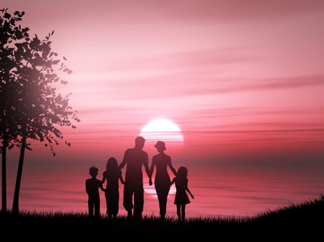 3D render of a silhouette of a family against a sunset ocean
