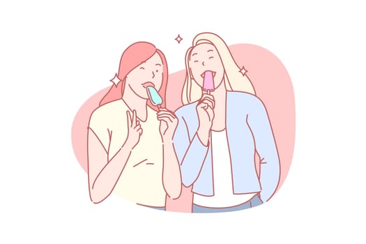 Ice cream eating, tasting dessert, enjoyment, positive emotion, good mood concept. Sugary snack degustation, delicious food, smiling girls, happy young women with gelato. Simple flat vector