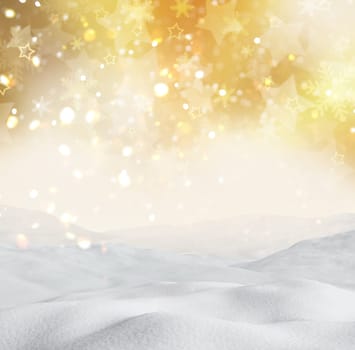 3D render of a snowy landscape on gold bokeh lights background