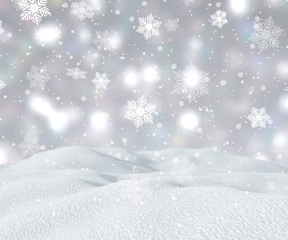 3D render of a snowy landscape with falling snowflakes